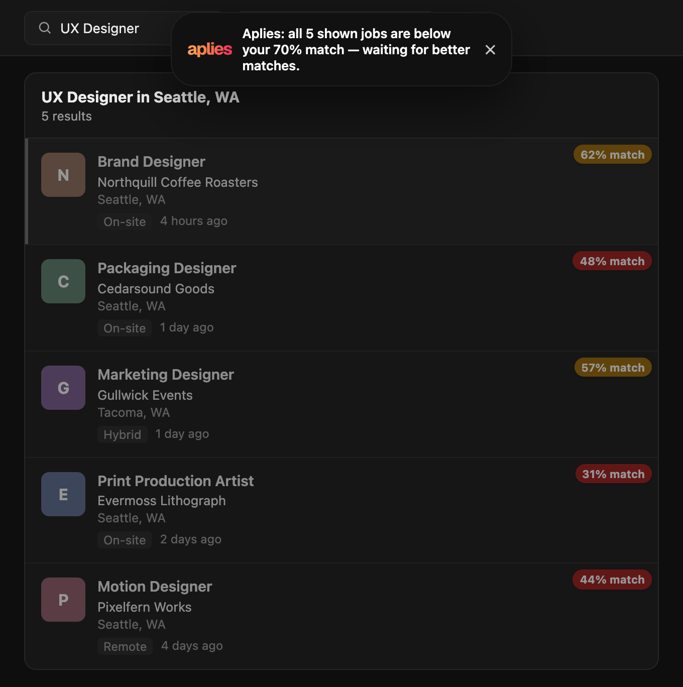 A job list where no job reaches the 70% minimum: every card is dimmed, and the Aplies banner says all shown jobs are below the minimum.