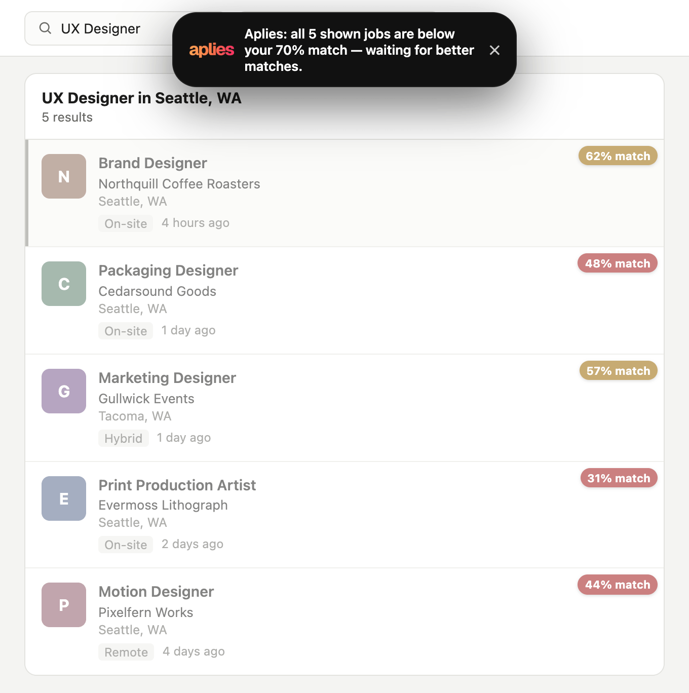 A job list where no job reaches the 70% minimum: every card is dimmed, and the Aplies banner says all shown jobs are below the minimum.