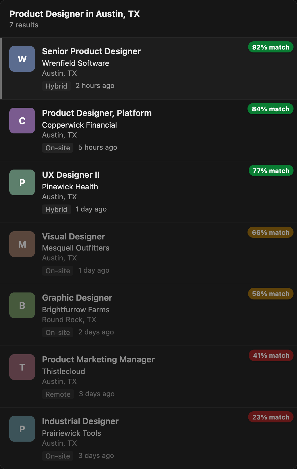 Match scores on a LinkedIn job list: each job carries a “% match” badge, green at or above the 70% minimum, amber just below, red further below, with jobs under the minimum dimmed.