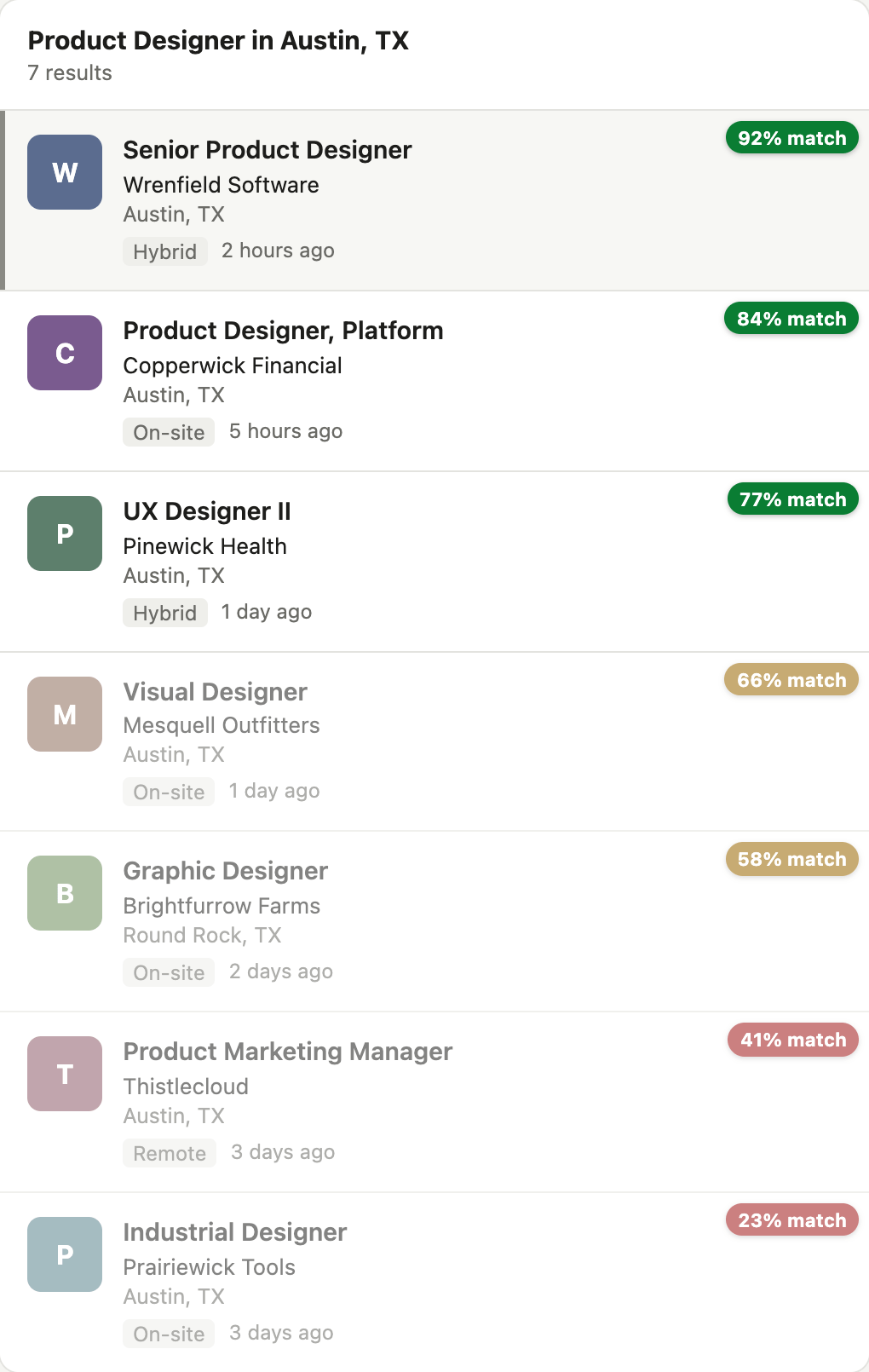 Match scores on a LinkedIn job list: each job carries a “% match” badge, green at or above the 70% minimum, amber just below, red further below, with jobs under the minimum dimmed.