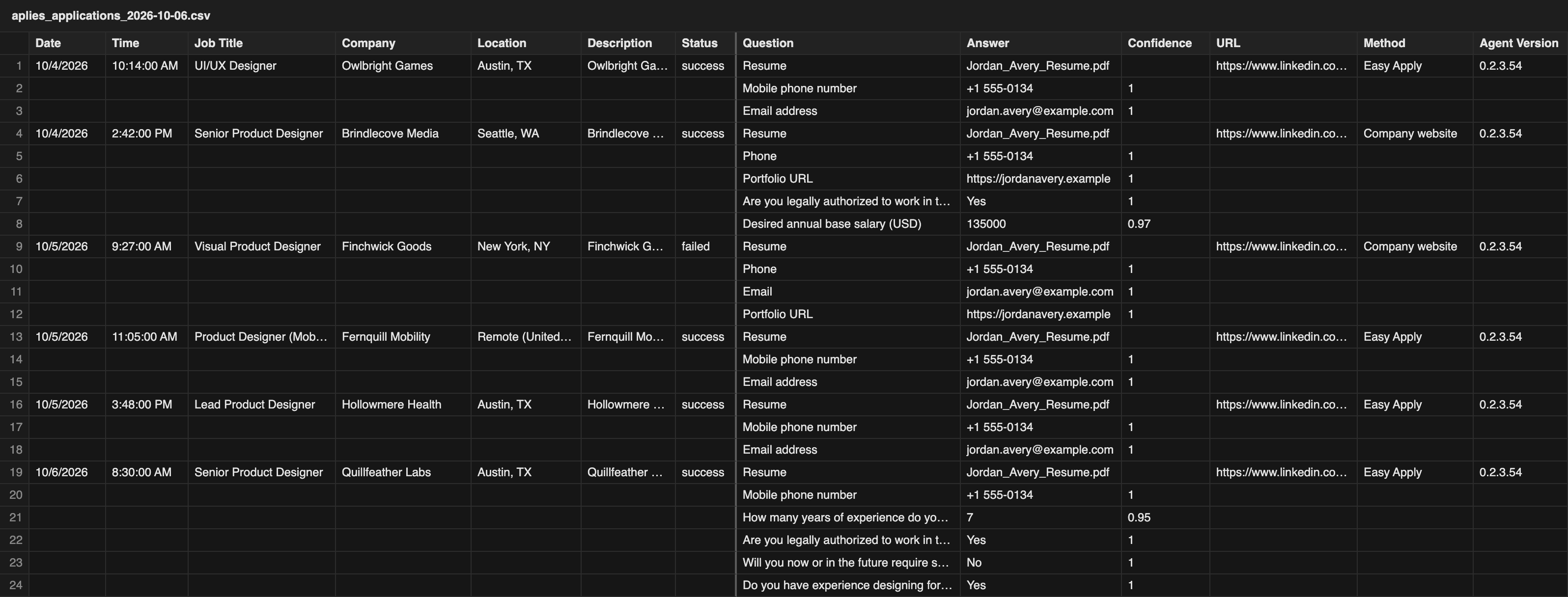 The Aplies Agent CSV export open in a spreadsheet: one row per question, with the job, each question, the answer, its confidence, the link, the method and the Agent version.
