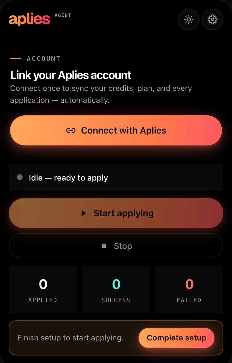 The Aplies Agent before it is connected: “Link your Aplies account” and the “Connect with Aplies” button.