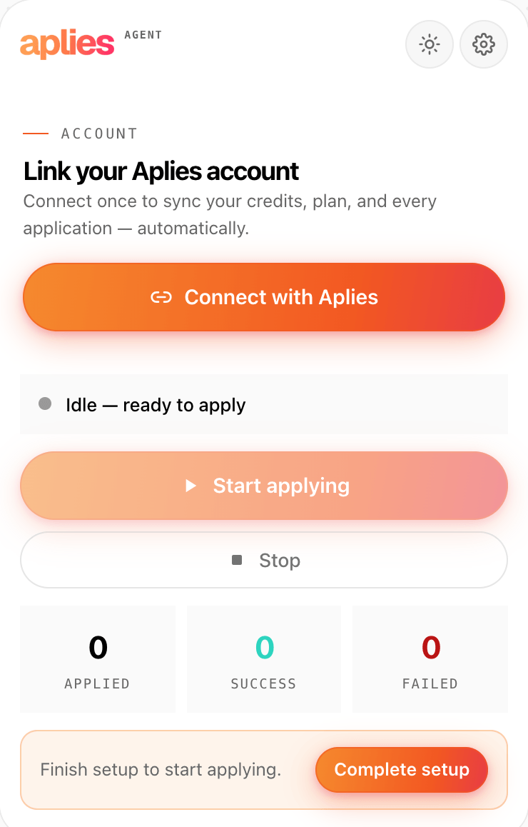 The Aplies Agent before it is connected: “Link your Aplies account” and the “Connect with Aplies” button.