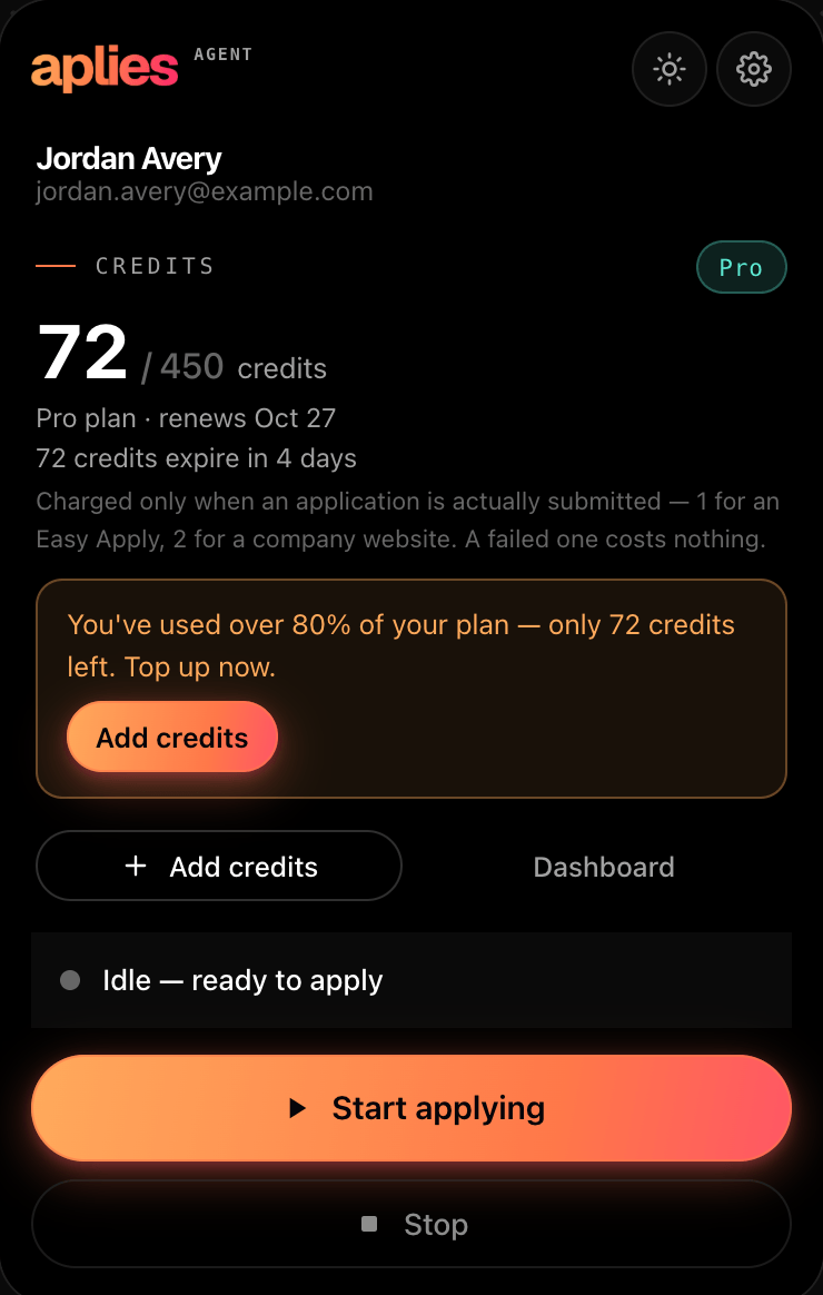 The Aplies Agent late in the month: a low credit balance and an amber banner saying over 80% of the plan is used, with Add credits.