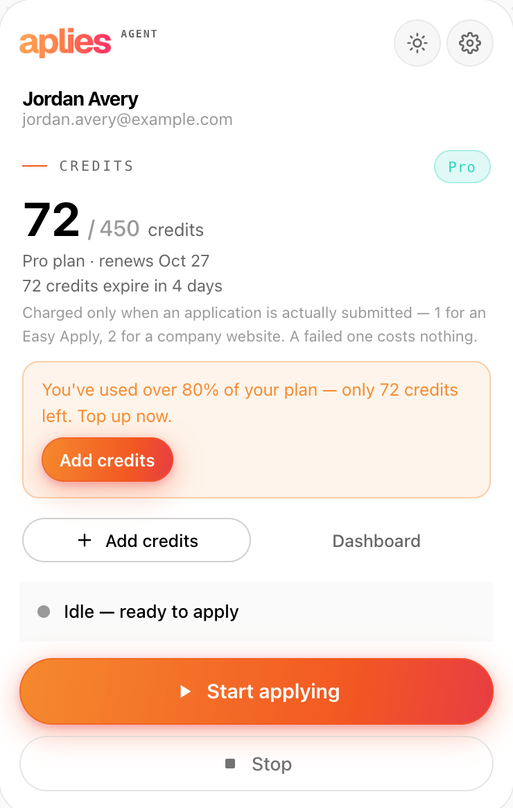 The Aplies Agent late in the month: a low credit balance and an amber banner saying over 80% of the plan is used, with Add credits.