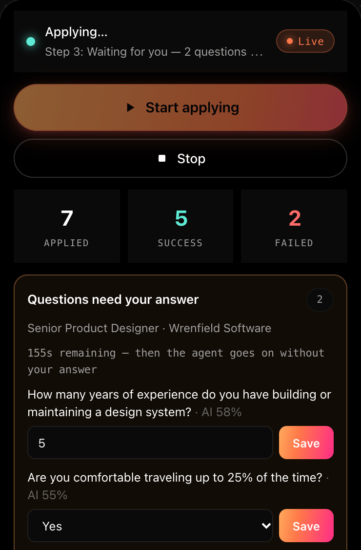 The Aplies Agent asking for help: “Questions need your answer”, each question with the AI's suggested answer and its confidence, and the seconds left before it goes on without an answer.
