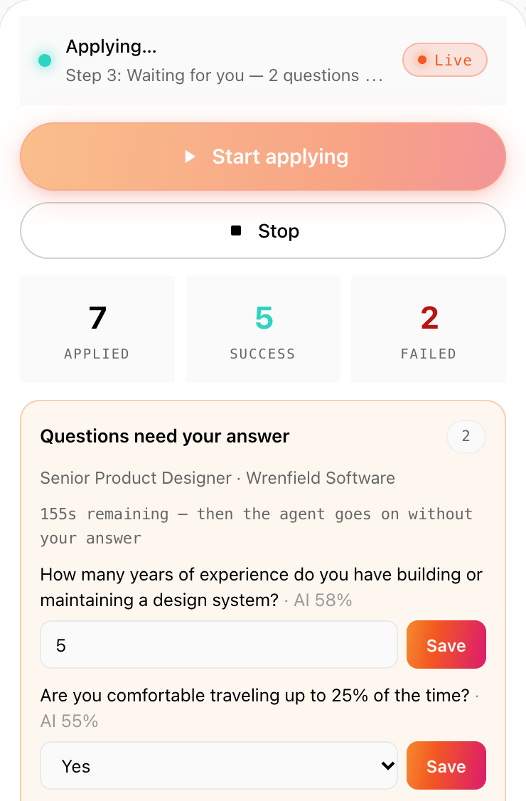 The Aplies Agent asking for help: “Questions need your answer”, each question with the AI's suggested answer and its confidence, and the seconds left before it goes on without an answer.