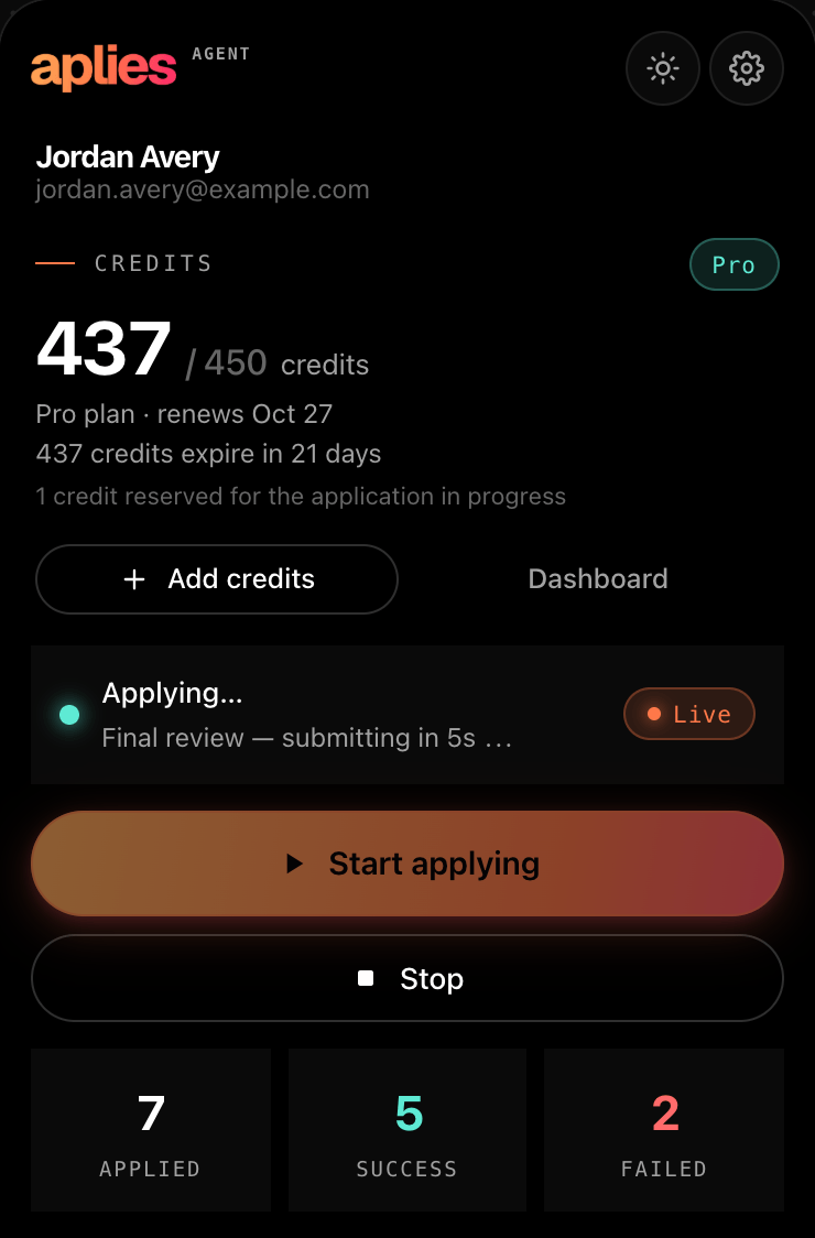 The Aplies Agent popup during a run: “Final review — submitting in 5s” with the Live chip, and 1 credit reserved for the Easy Apply being submitted.