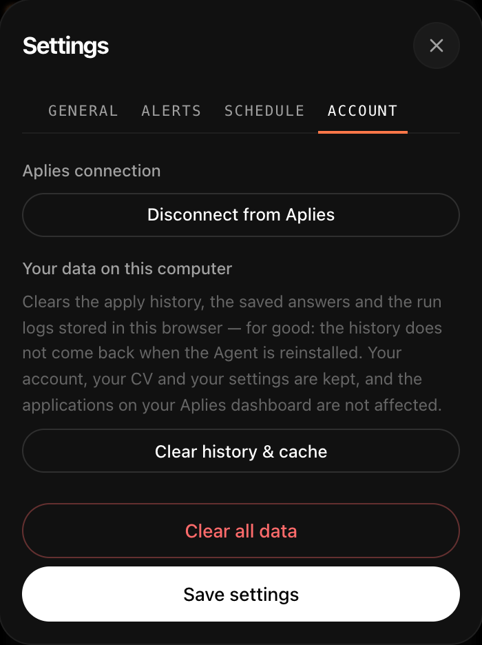 Aplies Agent settings, Account tab: disconnect the Aplies account, clear history and cache, or clear all data.