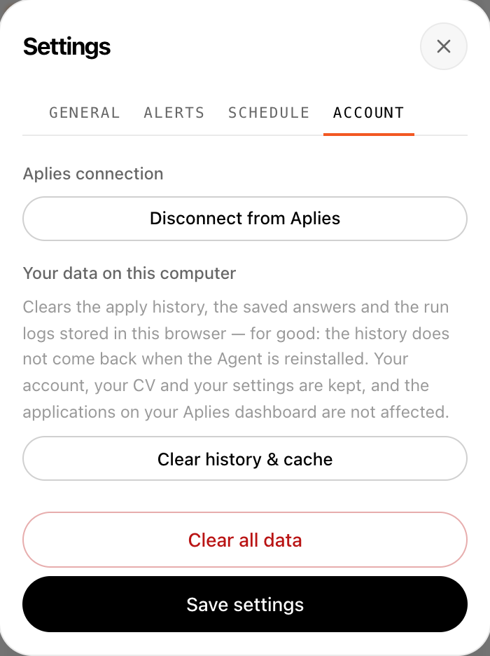 Aplies Agent settings, Account tab: disconnect the Aplies account, clear history and cache, or clear all data.