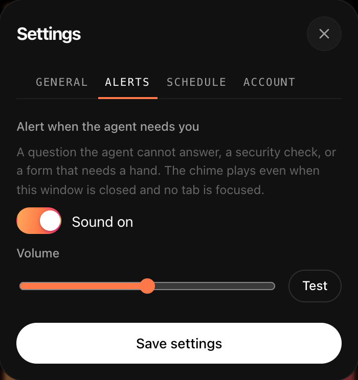 Aplies Agent settings, Alerts tab: Alert when the agent needs you, with the chime switched on, a volume slider and a Test button.