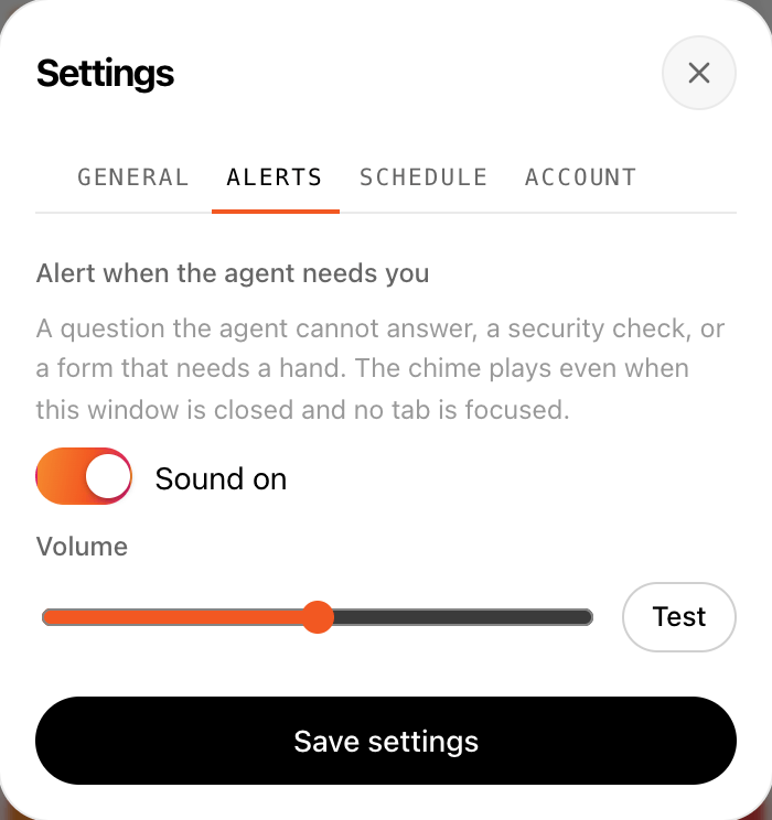 Aplies Agent settings, Alerts tab: Alert when the agent needs you, with the chime switched on, a volume slider and a Test button.