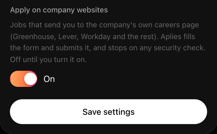 Aplies Agent settings: Apply on company websites switched on, with its note.