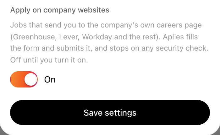 Aplies Agent settings: Apply on company websites switched on, with its note.