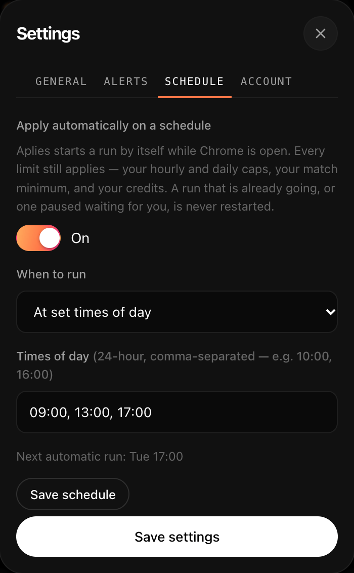 Aplies Agent settings, Schedule tab: Apply automatically on a schedule switched on, set to run at 09:00, 13:00 and 17:00, with the next automatic run shown.