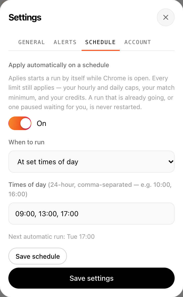 Aplies Agent settings, Schedule tab: Apply automatically on a schedule switched on, set to run at 09:00, 13:00 and 17:00, with the next automatic run shown.