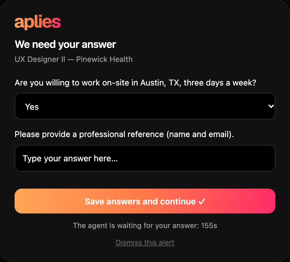 The Aplies question card on a company careers form: “We need your answer” with two required questions — one with the suggested answer filled in, one left empty to type — Save answers and continue, and a countdown.