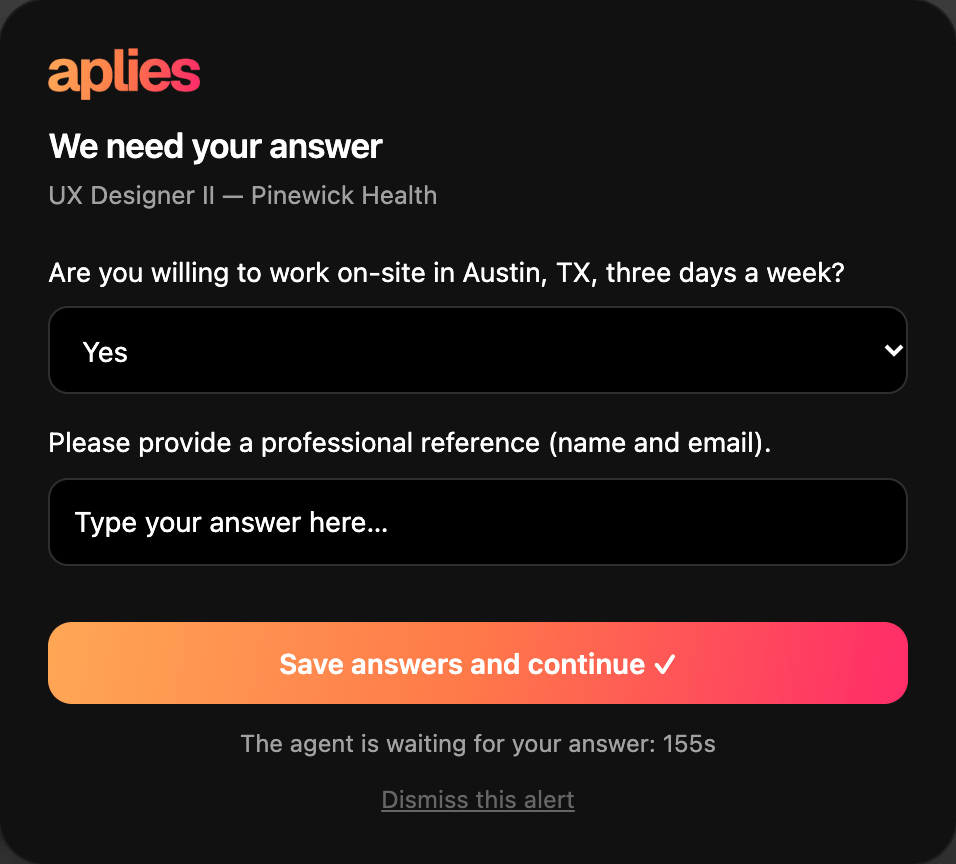 The Aplies question card on a company careers form: “We need your answer” with two required questions — one with the suggested answer filled in, one left empty to type — Save answers and continue, and a countdown.