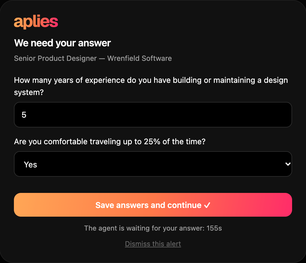 The Aplies question card on a job page: “We need your answer”, two questions with the suggested answers filled in, Save answers and continue, and the time left.