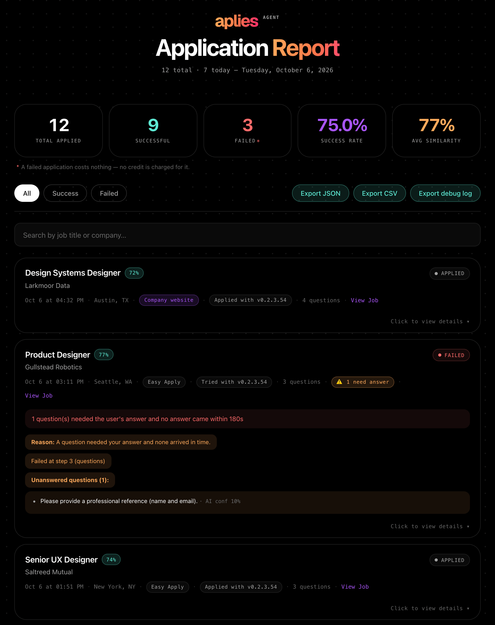 The Aplies Agent Application Report: totals for applied, successful and failed, the note that a failed application costs nothing, and the newest applications with match score, method and Agent version.