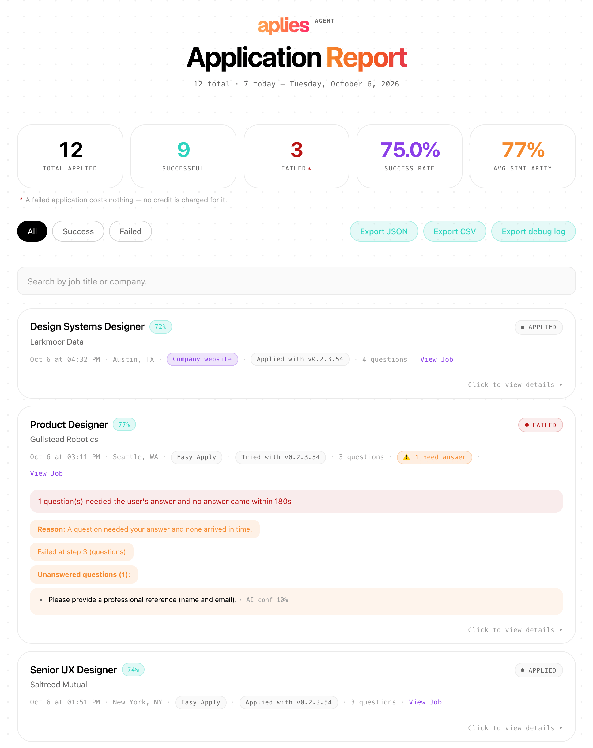 The Aplies Agent Application Report: totals for applied, successful and failed, the note that a failed application costs nothing, and the newest applications with match score, method and Agent version.