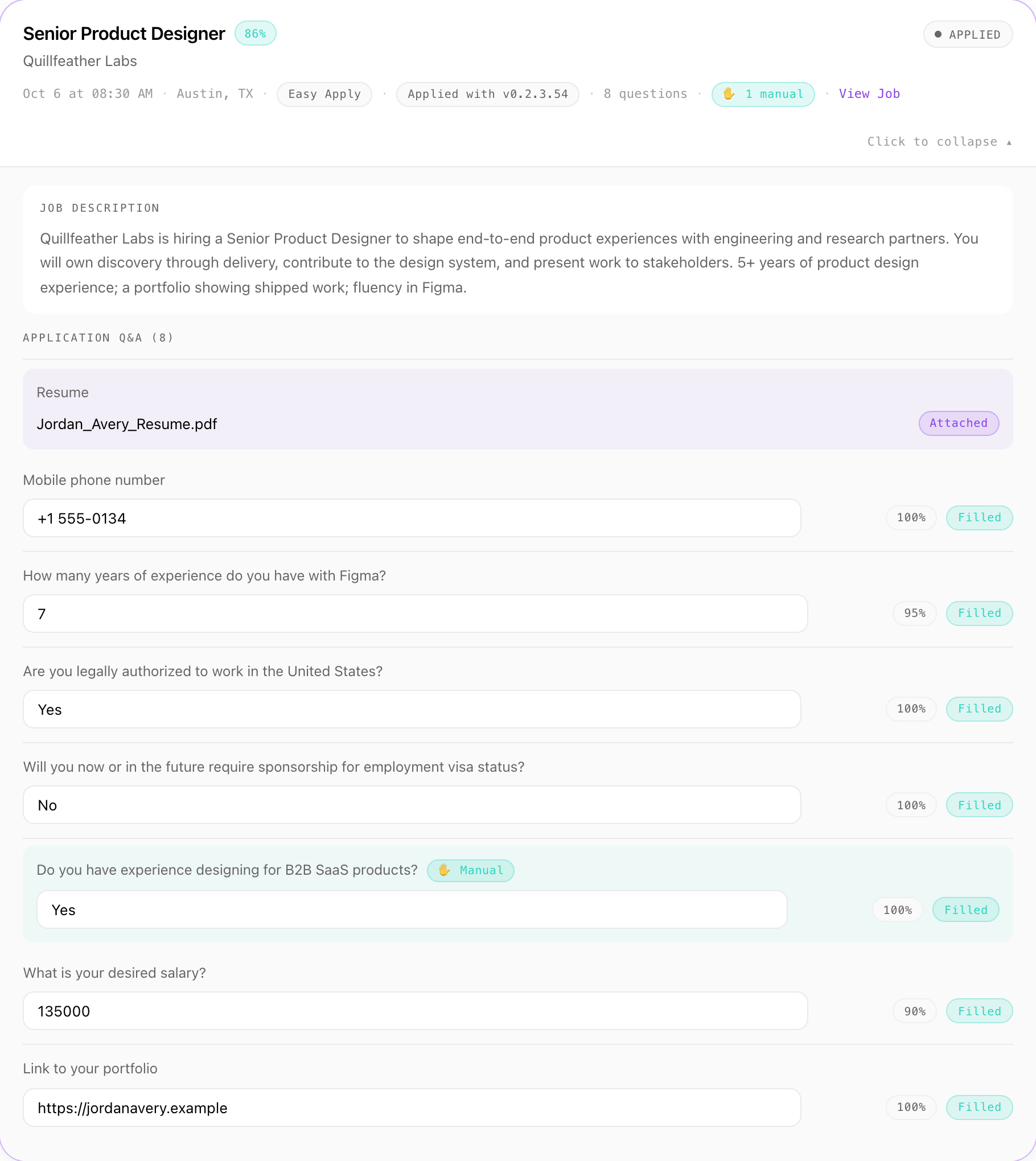 One application opened in the Aplies Agent report: every question with the answer given and its confidence, the attached CV, and one answer typed by hand.