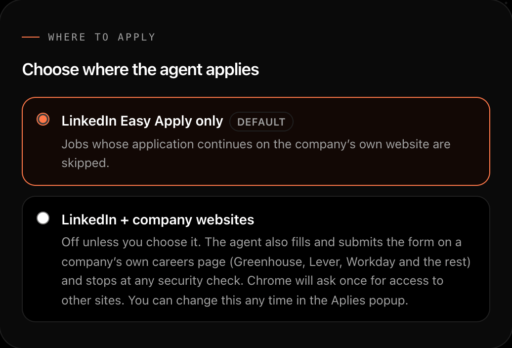 Aplies Agent setup, “Where to apply”: LinkedIn Easy Apply only is selected by default; LinkedIn + company websites is off unless you choose it.