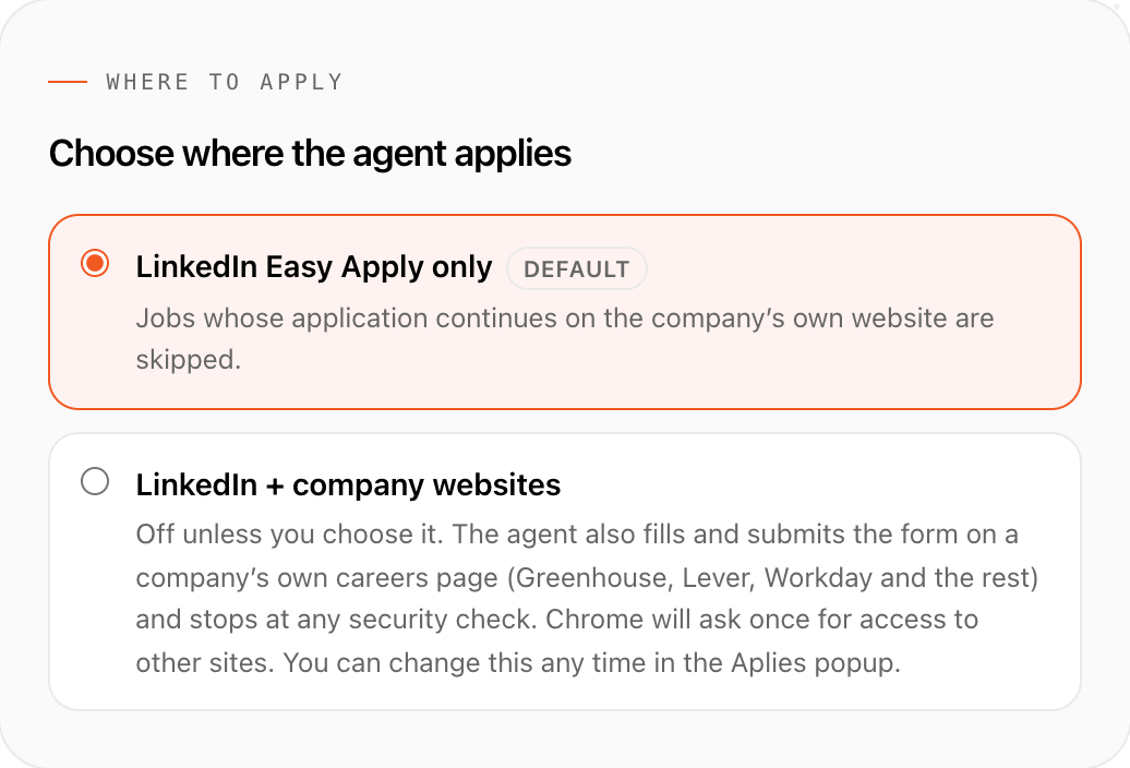 Aplies Agent setup, “Where to apply”: LinkedIn Easy Apply only is selected by default; LinkedIn + company websites is off unless you choose it.