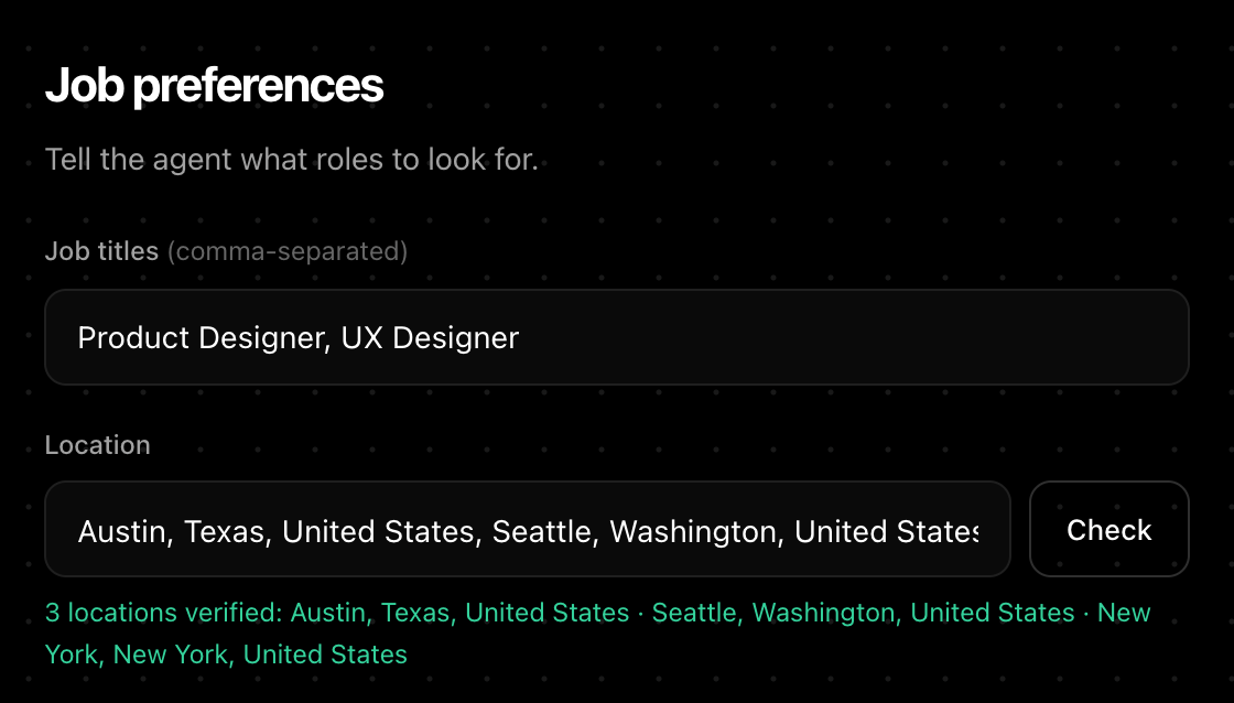 Aplies Agent setup, Job preferences: job titles “Product Designer, UX Designer” and three places, each checked: Austin, Seattle and New York.