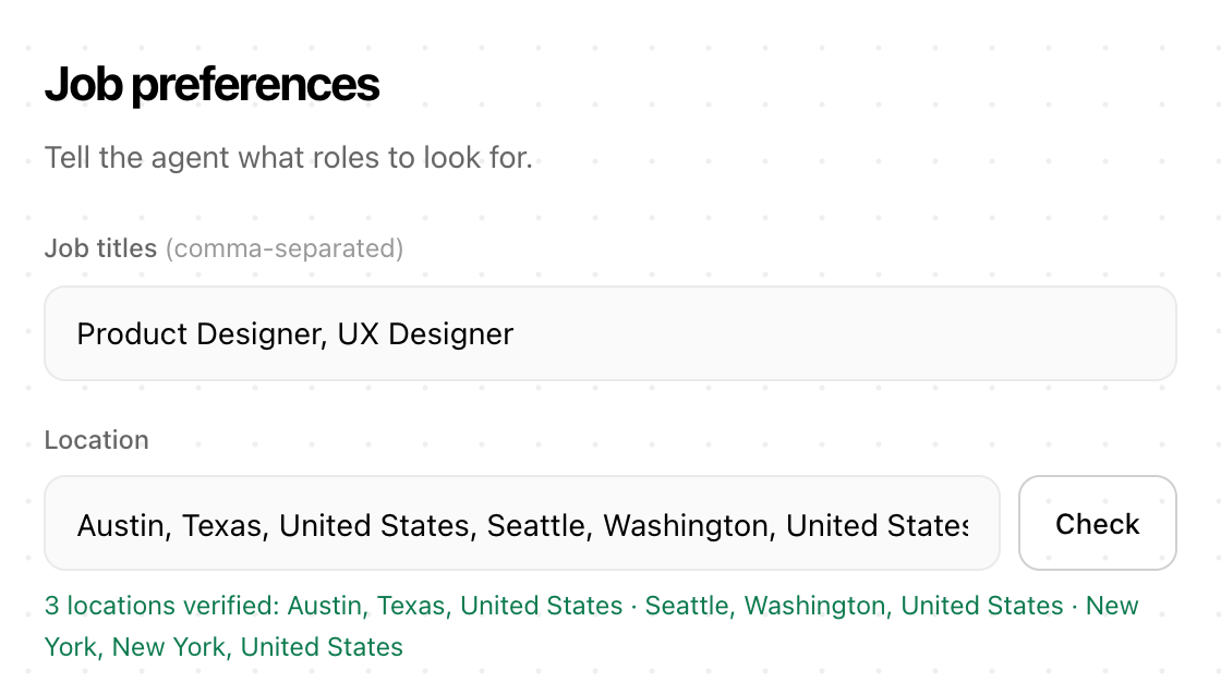 Aplies Agent setup, Job preferences: job titles “Product Designer, UX Designer” and three places, each checked: Austin, Seattle and New York.