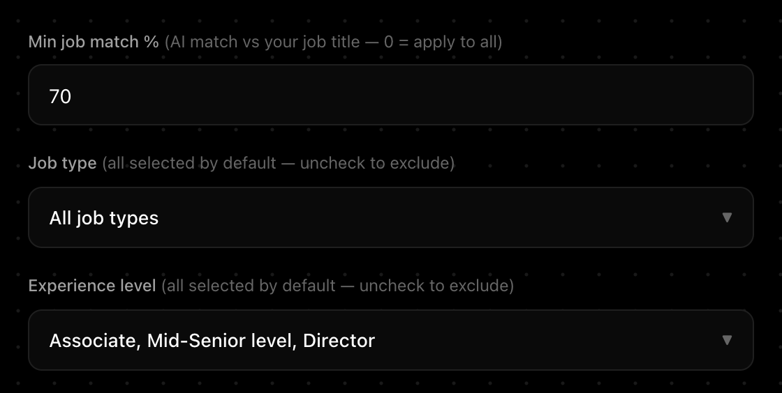 Aplies Agent setup: minimum job match 70%, every job type selected, and three experience levels chosen.