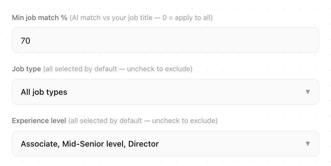Aplies Agent setup: minimum job match 70%, every job type selected, and three experience levels chosen.