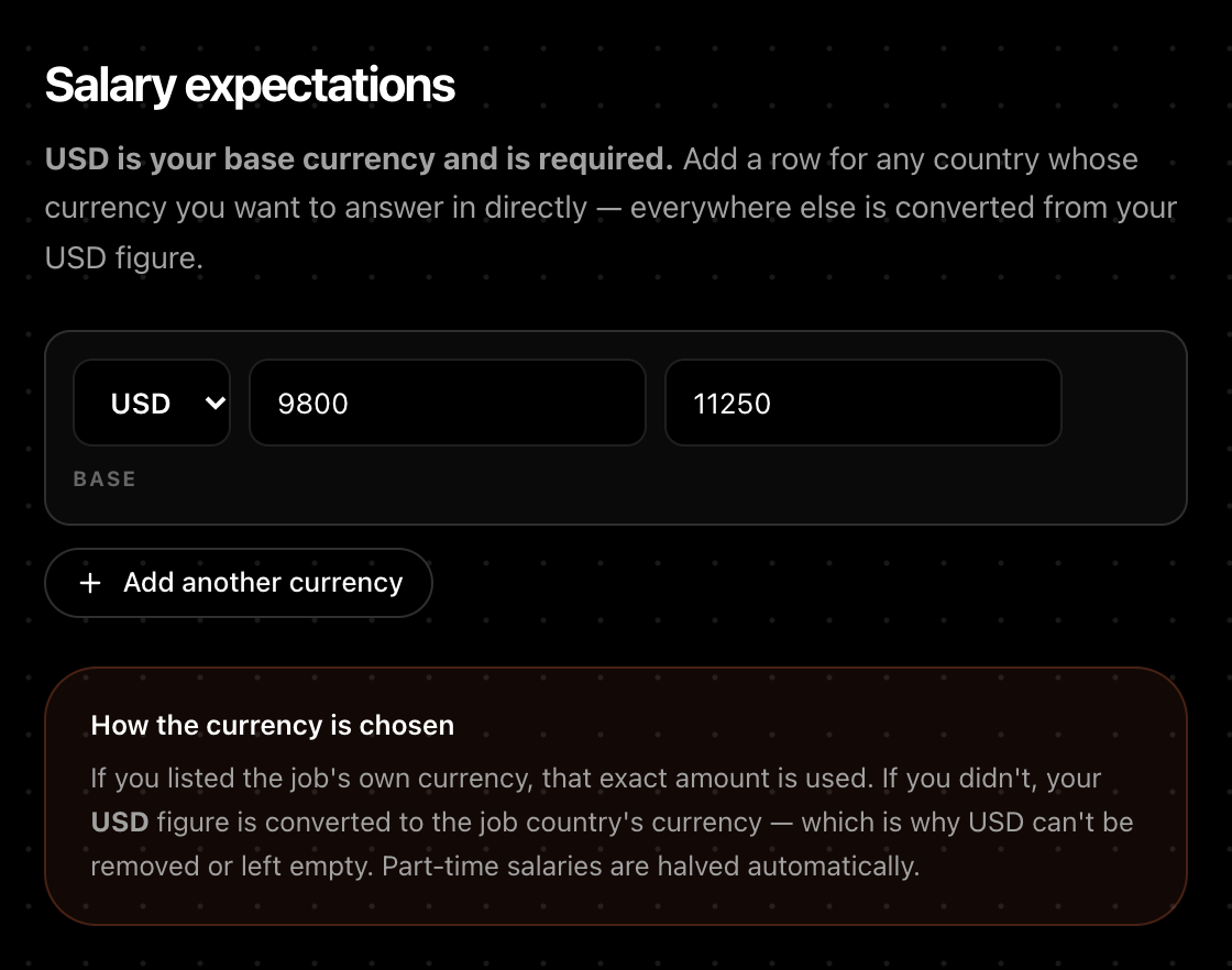 Aplies Agent setup, Salary expectations: US dollars as the required base currency with current and expected salary filled in, and an Add another currency button.