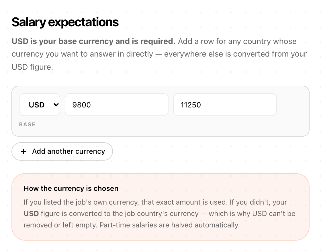 Aplies Agent setup, Salary expectations: US dollars as the required base currency with current and expected salary filled in, and an Add another currency button.
